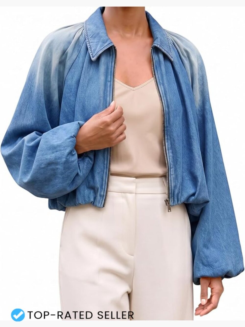 Women's Cropped Denim Bomber Jacket Collared Zip Up Balloon Sleeve Loose Fit